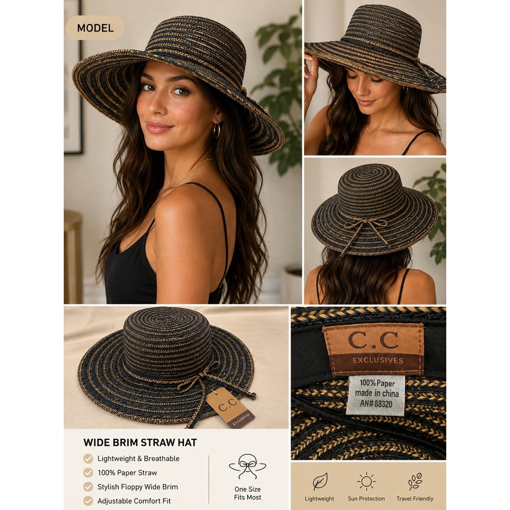 C.C Exclusives Sun Hat Womens OS Coastal Boho Wide Brim Woven Black Tan Straw